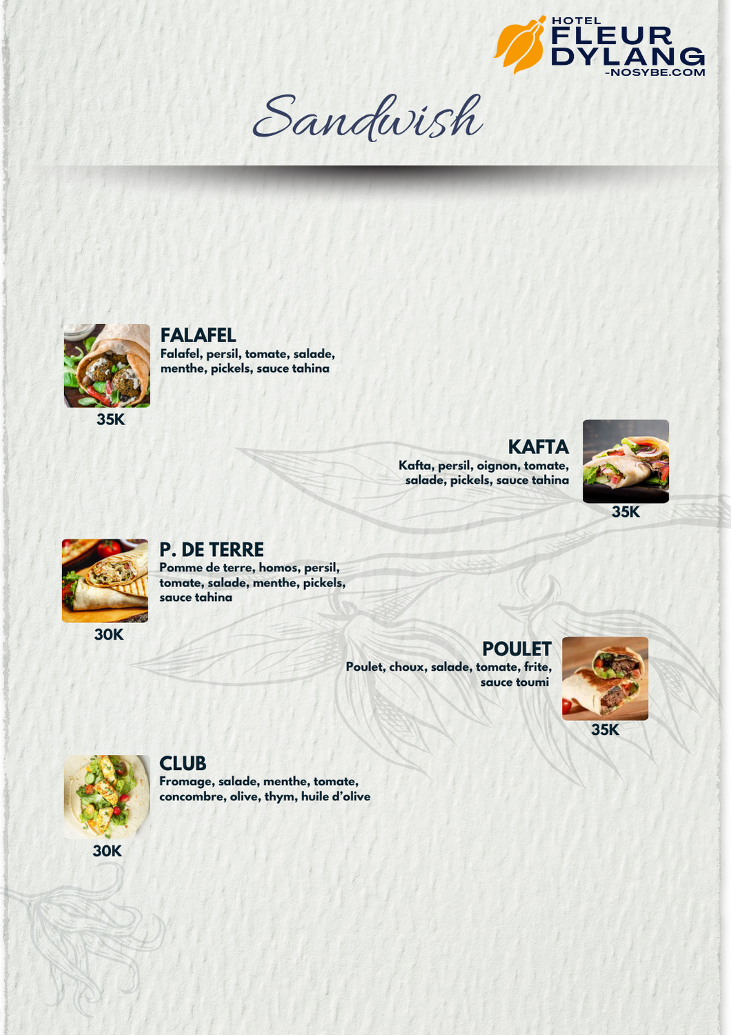 Carte Sandwich — Restaurant Fleur d'Ylang